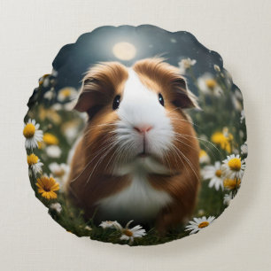 Brown And White Guinea Pig Moon And Daisies, Round Cushion