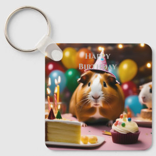 Brown And White Happy Birthday Guinea Pig, Key Ring