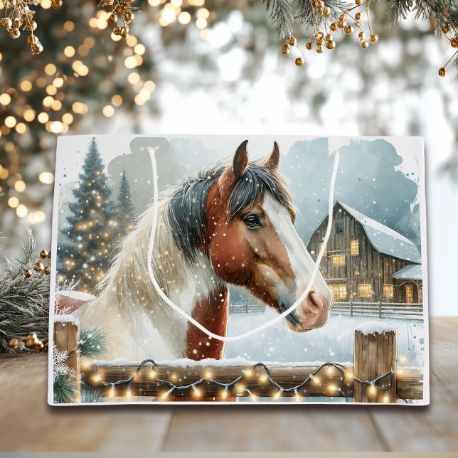 Brown and White Horse Country Christmas   Large Gift Bag (Creator Uploaded)