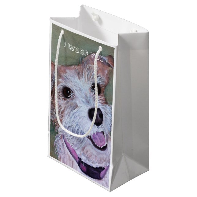 BROWN AND WHITE JACK RUSSELL| SMALL GIFT BAG (Front Angled)
