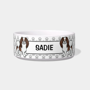 Brown And White Japanese Chin Cartoon Dog & Name Bowl