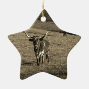 Brown and White Longhorn Bull Sepia Tone Ceramic Tree Decoration
