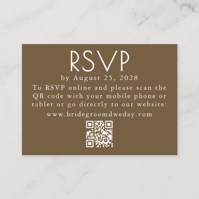 Brown and White Modern Minimalist Wedding QR RSVP Enclosure Card (Front)