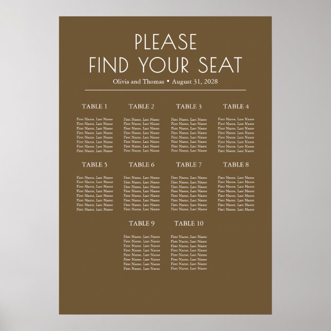 Brown and White Modern Wedding Seating Chart (Front)