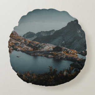 BROWN AND WHITE MOUNTAINS NEAR BODY OF WATER DURIN ROUND CUSHION
