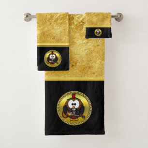 Brown and white owl playing a guitar with red hat bath towel set