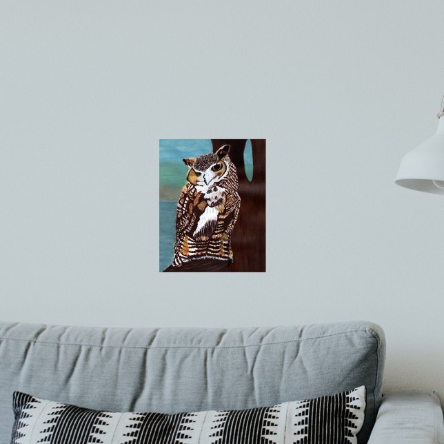 Brown and White Owl Poster (Pretty brown barn owl sitting in tree blue sky water background on art wall poster.)