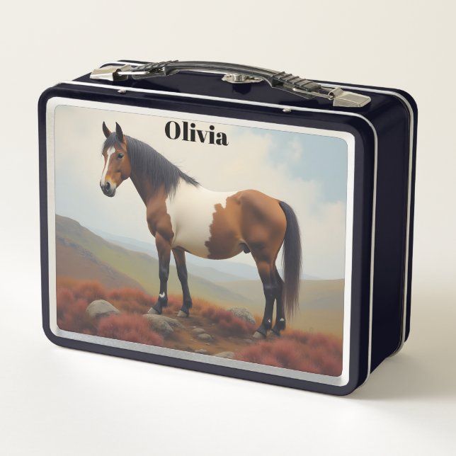 Brown and White Shetland Pony Girl's Kid Metal Lunch Box (Back)
