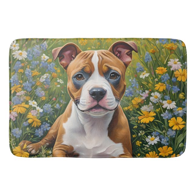 Brown And White Staffordshire Bull Terrier Puppy, Bath Mat (Front)