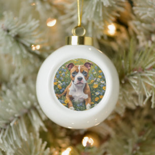 Brown And White Staffordshire Bull Terrier Puppy, Ceramic Ball Christmas Ornament