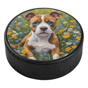 Brown And White Staffordshire Bull Terrier Puppy, Hockey Puck