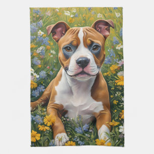 Brown And White Staffordshire Bull Terrier Puppy, Tea Towel