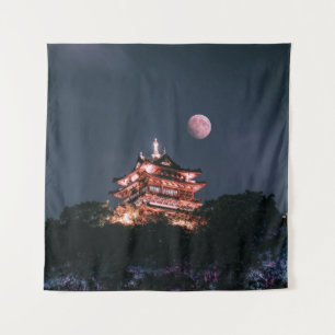 BROWN AND WHITE TEMPLE UNDER FULL MOON TAPESTRY