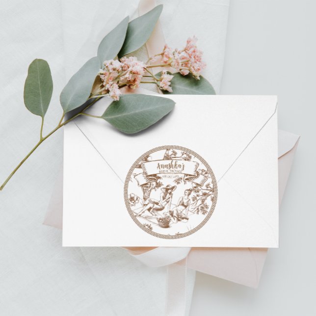 Brown and White Toile de Jouy Bridal Shower Classic Round Sticker (Creator Uploaded)