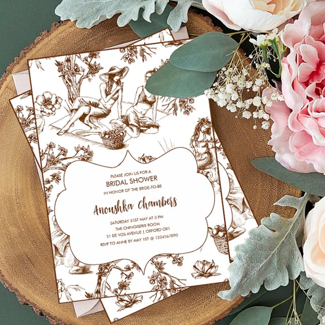 Brown and White Toile de Jouy Bridal Shower Invitation (Creator Uploaded)