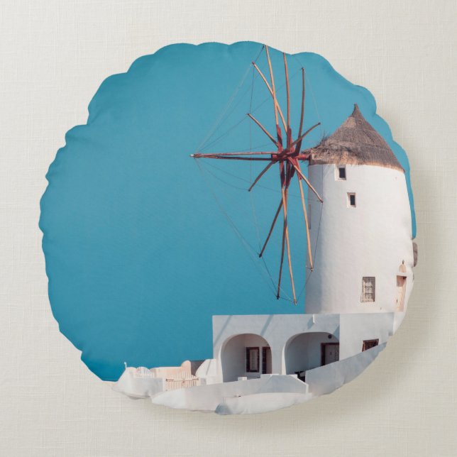 Brown and white windmill round cushion (Front)