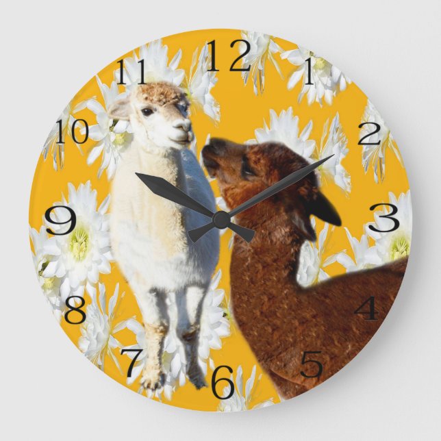 Brown And White Woolly Alpacas With Cacti Flowers, Large Clock (Front)