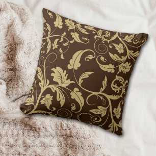 Brown Antique Gold Retro Leaf Swirl Cushion