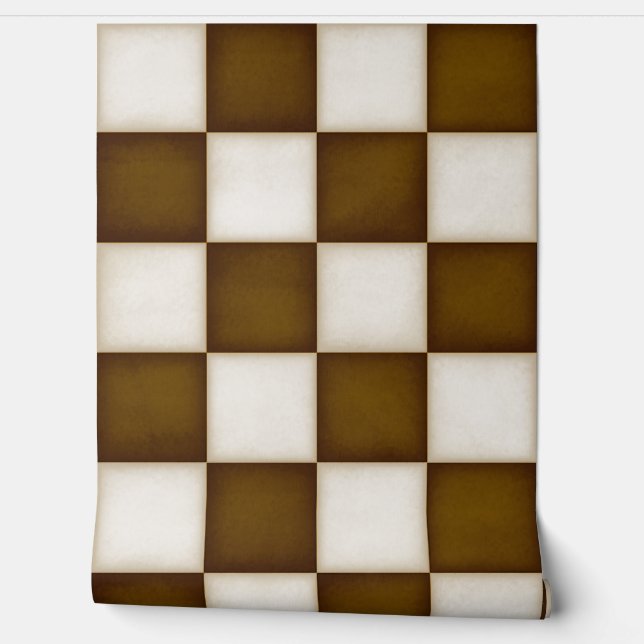 Brown & Antique White Checkers (large scale) Wallpaper (Unrolling)