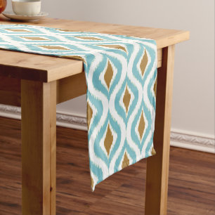 Brown Aqua Teal Blue Ikat Ogee Art Pattern Short Table Runner
