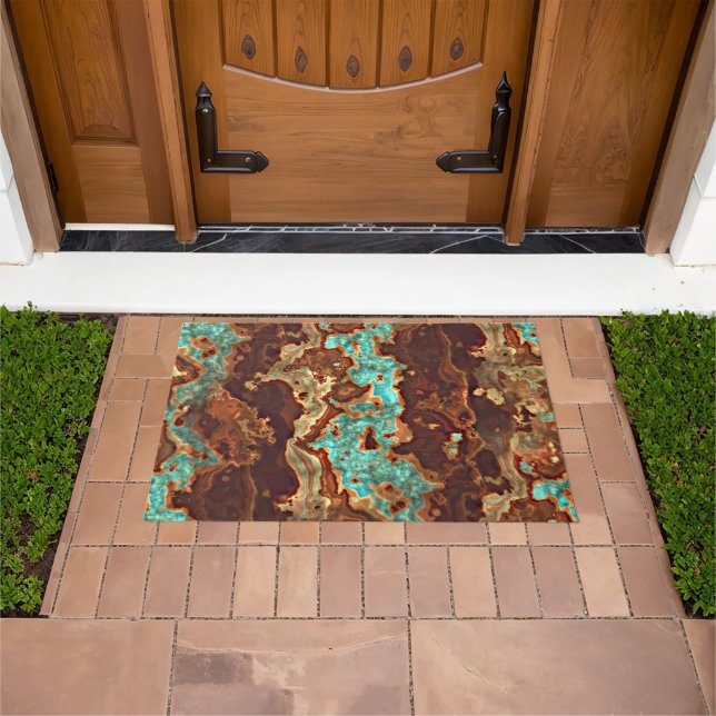Brown Aqua Turquoise Green Geode Marble Art Doormat (Outdoor)