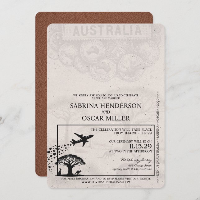 Brown Australia Passport Wedding Invitation (Front/Back)