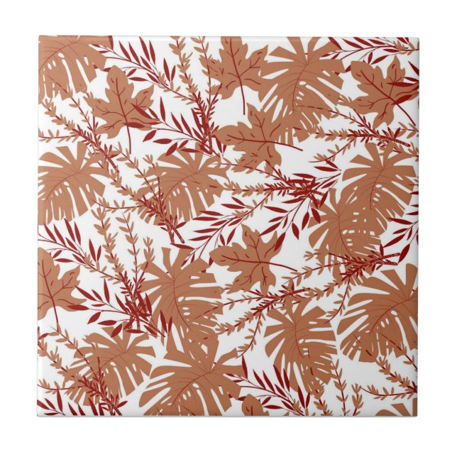 Brown Autumn Floral Leaves Pattern Tile (Front)