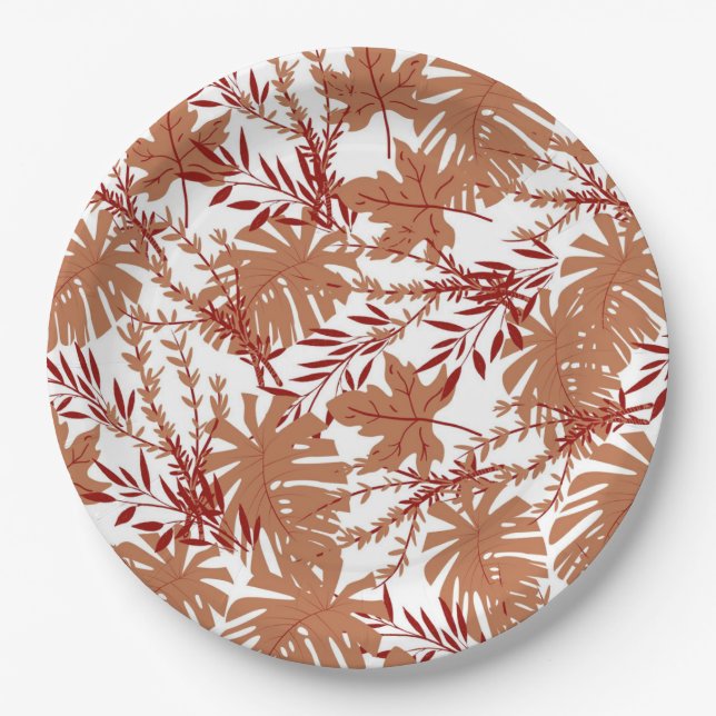 Brown Autumn Floral Leaves Y2K Pattern  Paper Plate (Front)