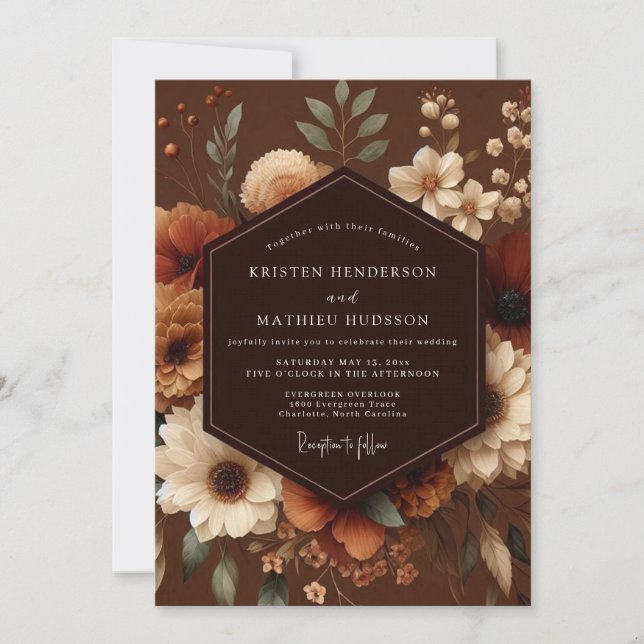Brown Autumn Floral Romance Wedding Invitation (Front)