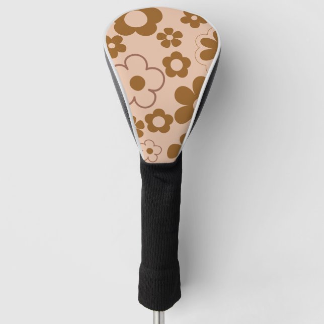 Brown Autumn Retro Y2K Hippie Flower Pattern Golf Head Cover (Front)