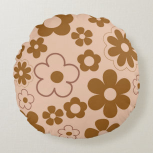 Brown Autumn Retro Y2K Hippie Flower Pattern Round Cushion