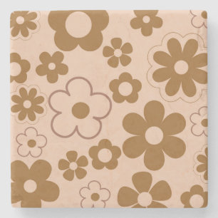 Brown Autumn Retro Y2K Hippie Flower Pattern Stone Coaster