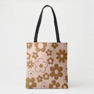Brown Autumn Retro Y2K Hippie Flower Pattern Tote Bag
