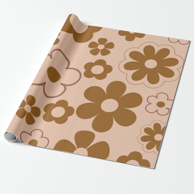Brown Autumn Retro Y2K Hippie Flower Pattern Wrapping Paper (Unrolled)