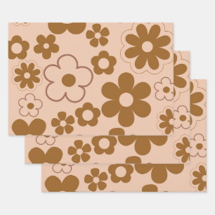 Brown Autumn Retro Y2K Hippie Flower Pattern Wrapping Paper Sheet