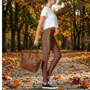 Brown Autumn Typography Leggings – Minimalist Fall