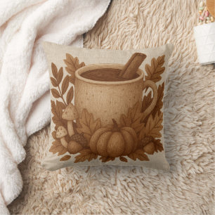 Brown Autumn wreath & Cocoa mug illustration Cushion