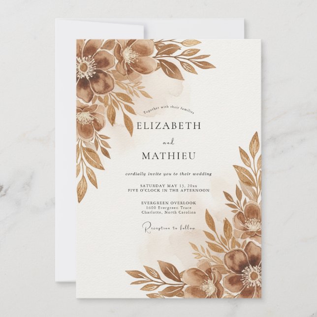 Brown Autumnal Bloom Wedding Invitation (Front)