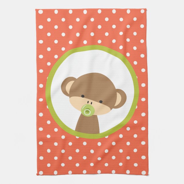 Brown Baby Monkey with Pacifier on Polka Dots Tea Towel (Vertical)