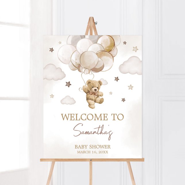 Brown Balloon Bear Baby Shower Welcome Poster (Gender Neutral Bear Balloon Baby Shower Welcome Sign)
