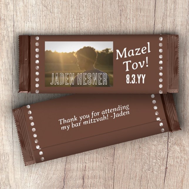 Brown Bar Mitzvah Chocolate Candy Bar Wrapper (brown bar mitzvah personalized photo chocolate candy bar wrapper budget dark brown party favor label)