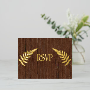 Brown Barnboard and Gold Foil RSVP Invitation Postcard