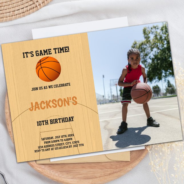 Brown Basketball Birthday Invitations with Photo (Brown Basketball Birthday Invitations with photo)