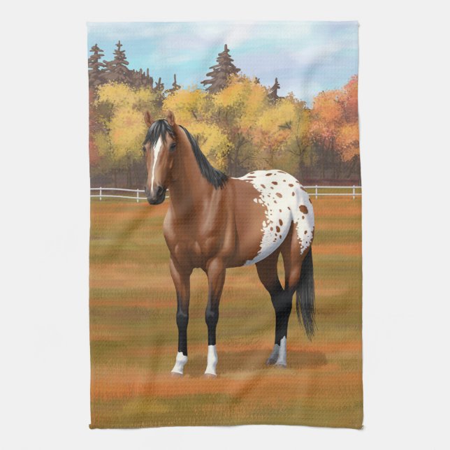 Brown Bay Appaloosa Horse in Autumn Pasture Tea Towel (Vertical)