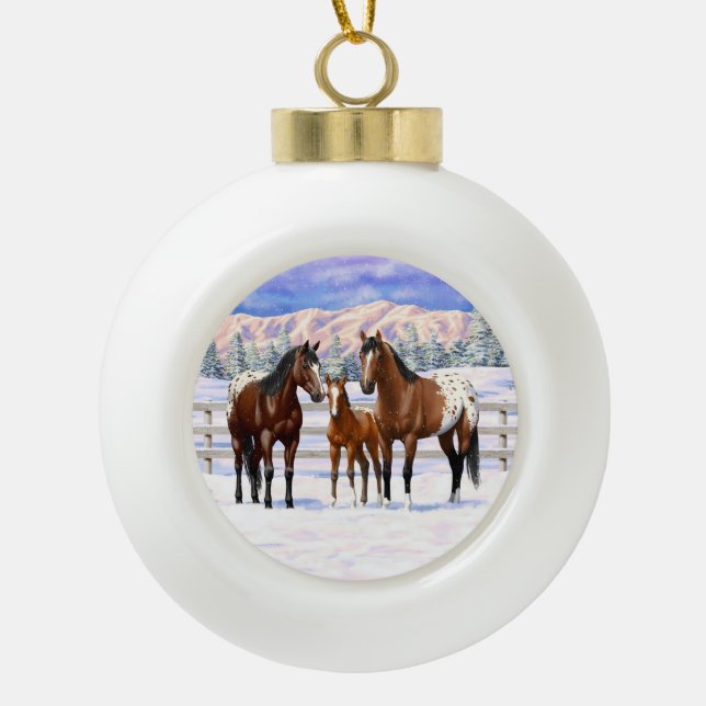 Brown Bay Appaloosa Horses In Snow Ceramic Ball Christmas Ornament (Front)