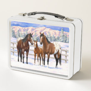 Brown Bay Appaloosa Horses In Snow Metal Lunch Box