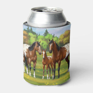 Brown Bay Appaloosa Horses In Summer Pasture Can Cooler