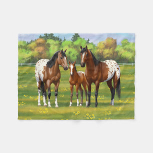 Brown Bay Appaloosa Horses In Summer Pasture Fleece Blanket