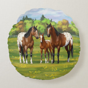 Brown Bay Appaloosa Horses In Summer Pasture Round Cushion