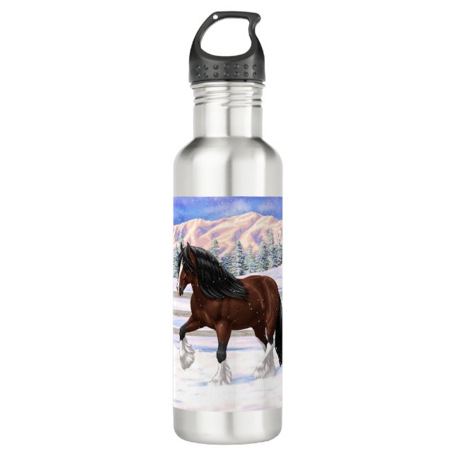 Brown Bay Gypsy Vanner Draught Horse In Snow 710 Ml Water Bottle (Front)